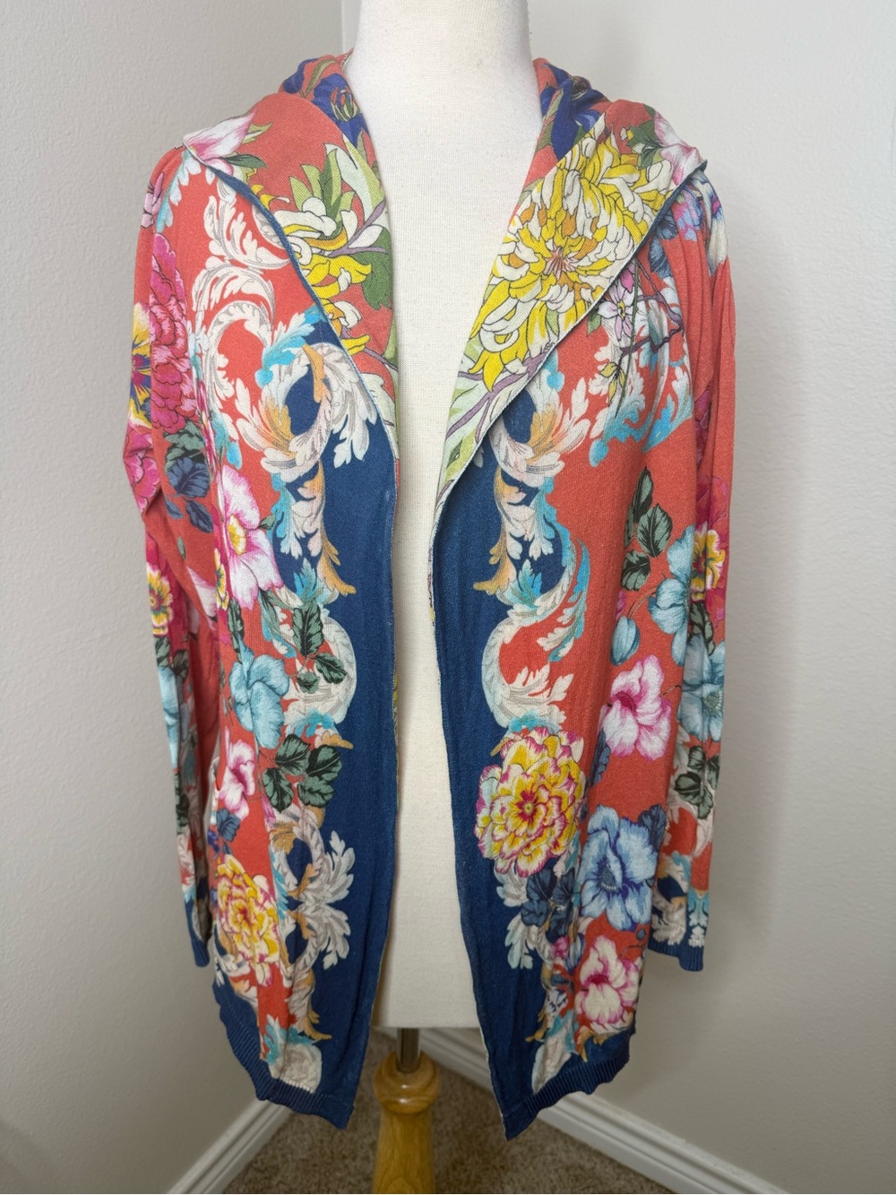 Johnny Was Multi Floral Hooded Open Cardigan Cotton Pockets Sm